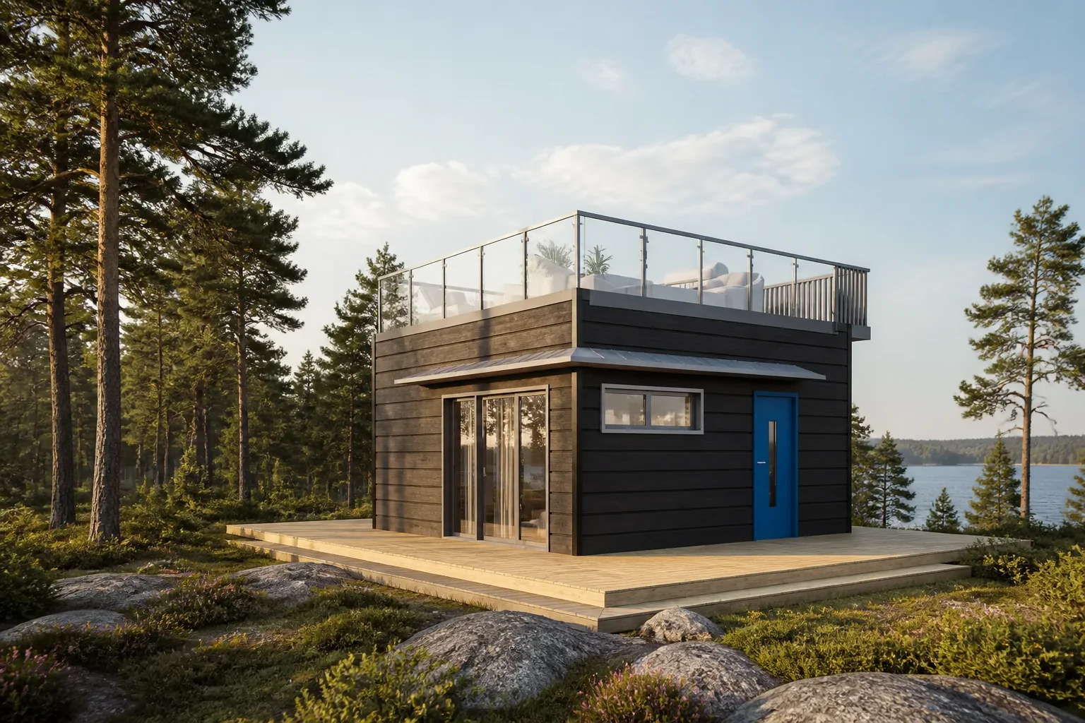Visualisering av attefallshuset Koster i skandinavisk naturmiljö
