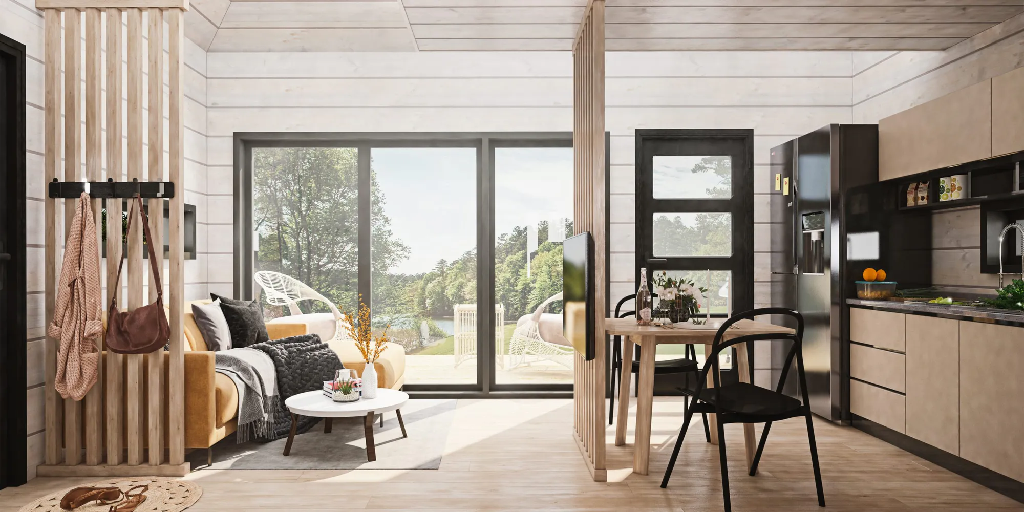 Interiör i Dalarö med trä och stora glaspartier