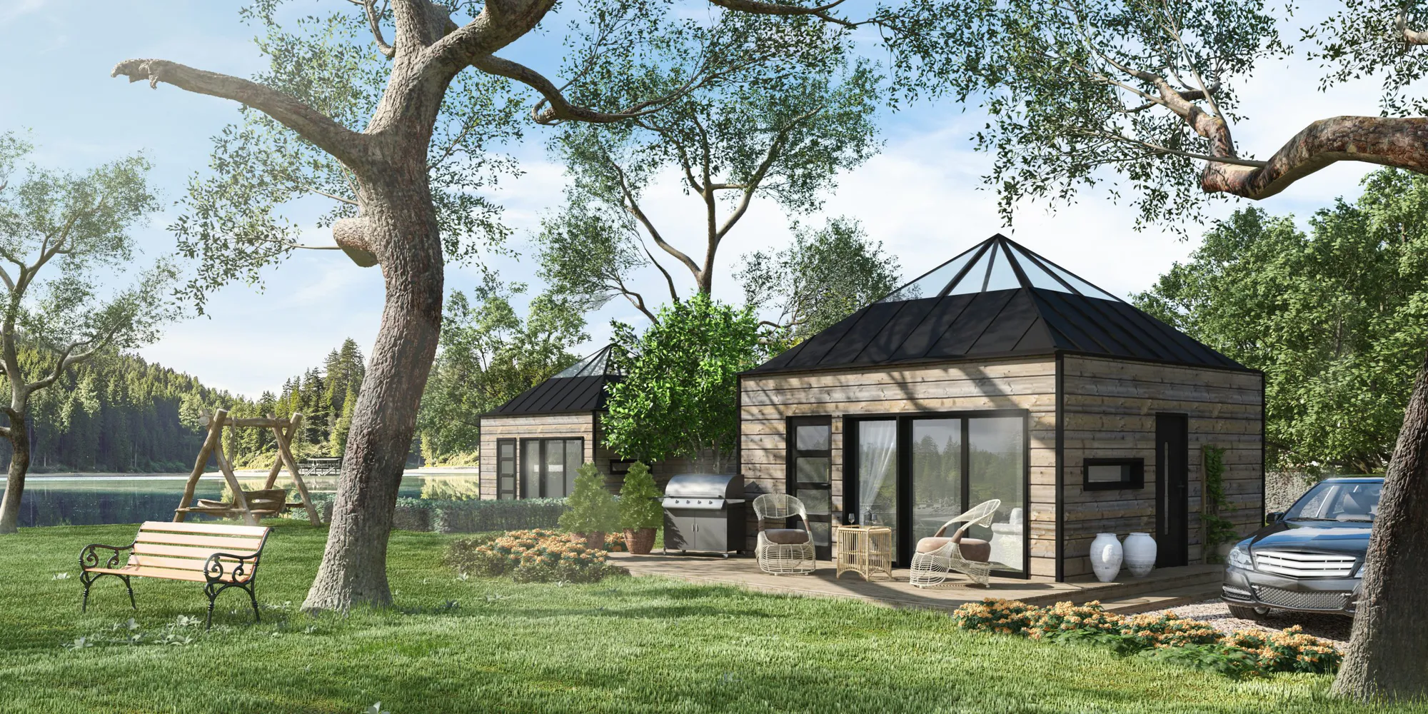 Detalj av modellen Dalarös terrass och träfasad